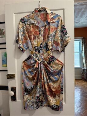 Vintage-Inspired Multi-Color Paisley Shirt Dress with Tie Waist